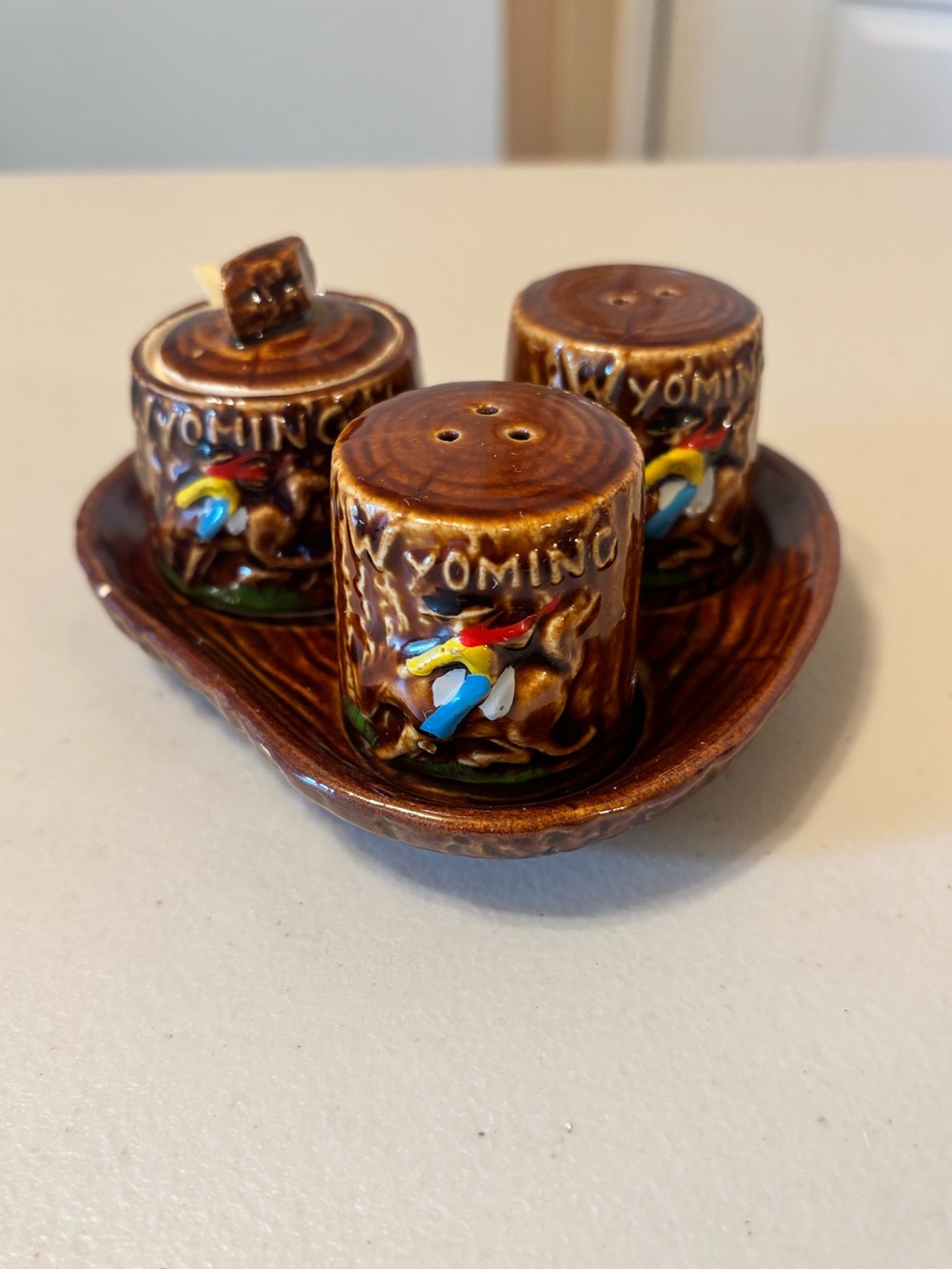 Vintage Mid-Century Wyoming Souvenir Ceramic Salt & Pepper/Condiment Set w/Tray
